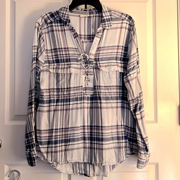 SO 🌲 BLUE/PURPLE PLAID COTTON BLEND LONG SLEEVE LACE-UP TUNIC TOP Women’s XXL - Picture 6 of 9